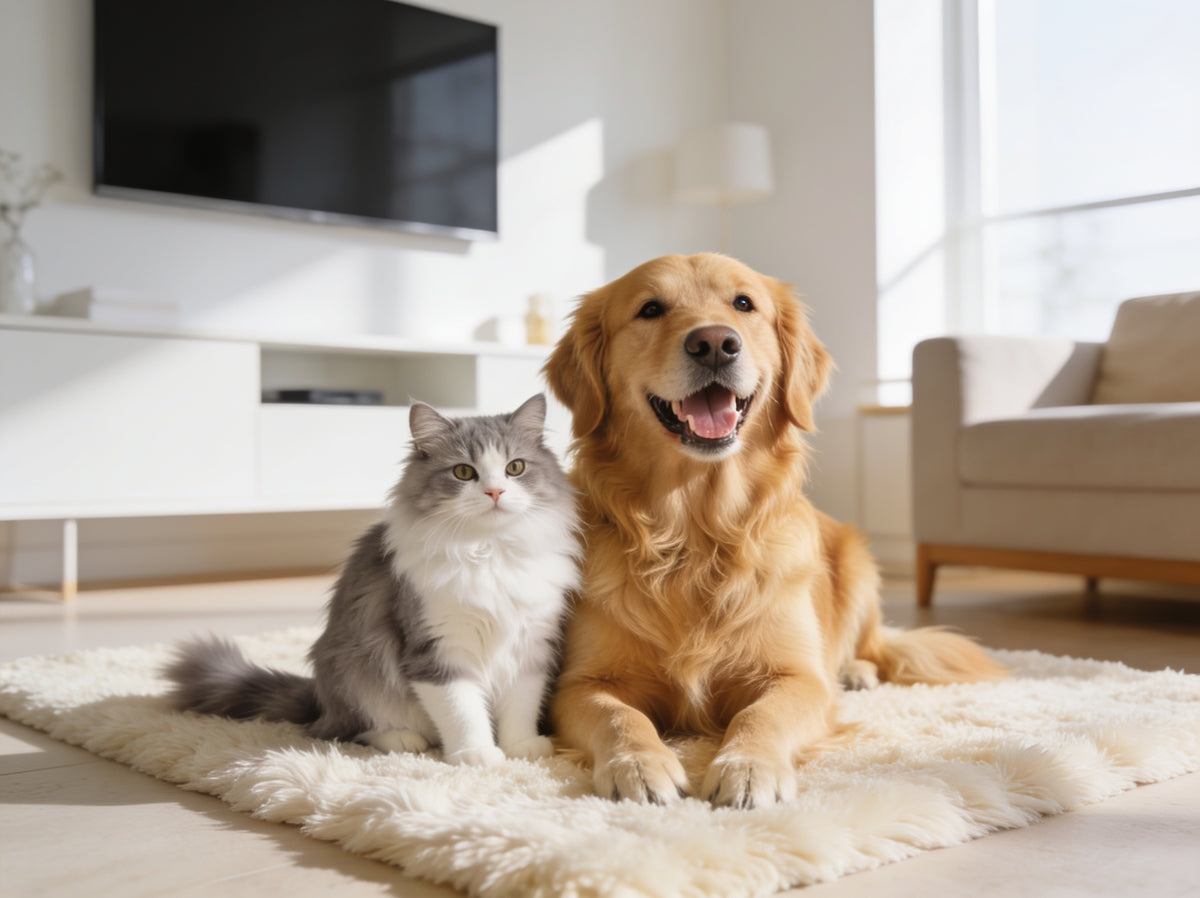 Happy golden retriever and cat together